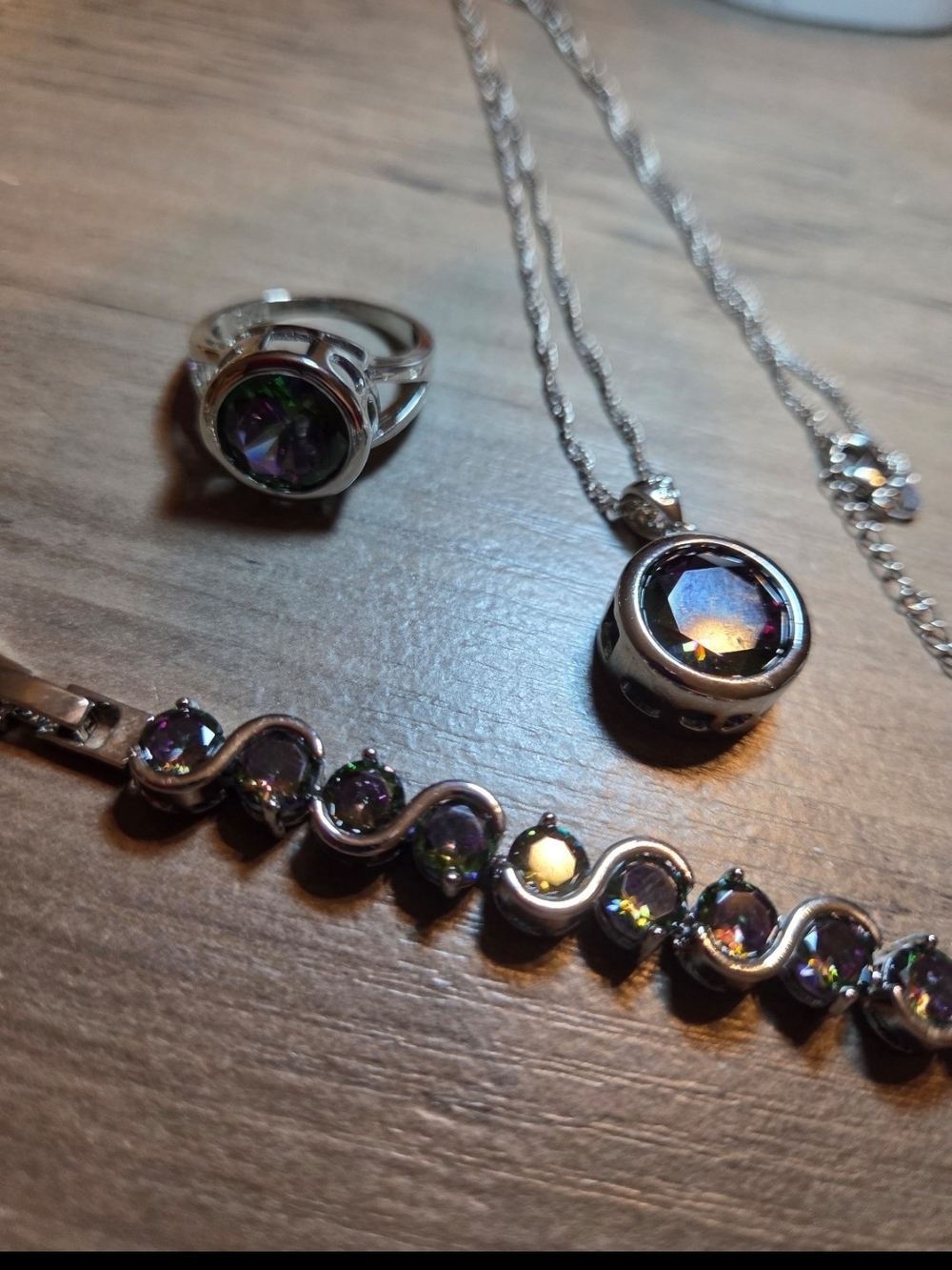925 Mystic Topaz-Effect Silver Necklace, Ring, Earrings & Bracelet Set SIZE 8.5